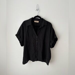 MOS MOSH Black 100% Linen Button Down Shirt Relaxed Scandinavian Minimalist Top